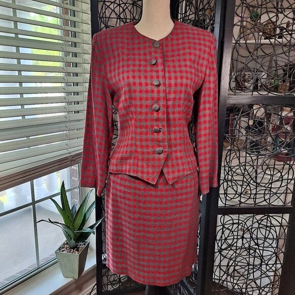 Christy Girl 2 Piece Skirt Suit Red/Gray Check 90's Shoulder Pads Pencil Skirt - Picture 1 of 15